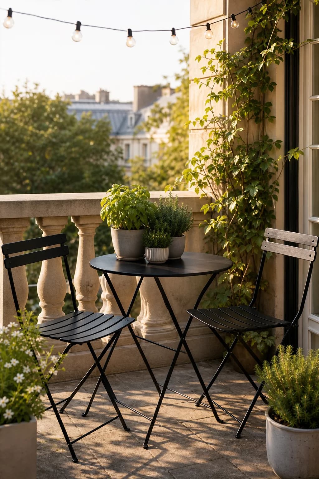 Bistro set on a sunny balcony with solar string lights
