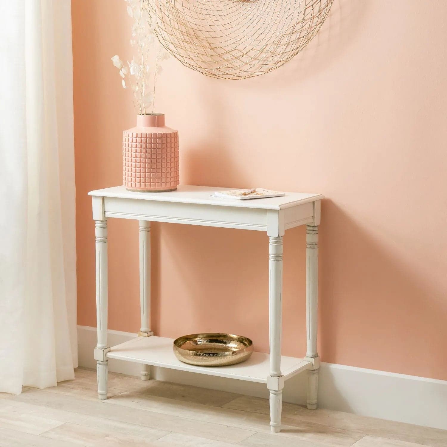 Narrow White Wooden Console Table with Shelf – Slim Pine Console Table for Hallway with Turned Legs & Lower Storage 80x80x36cm