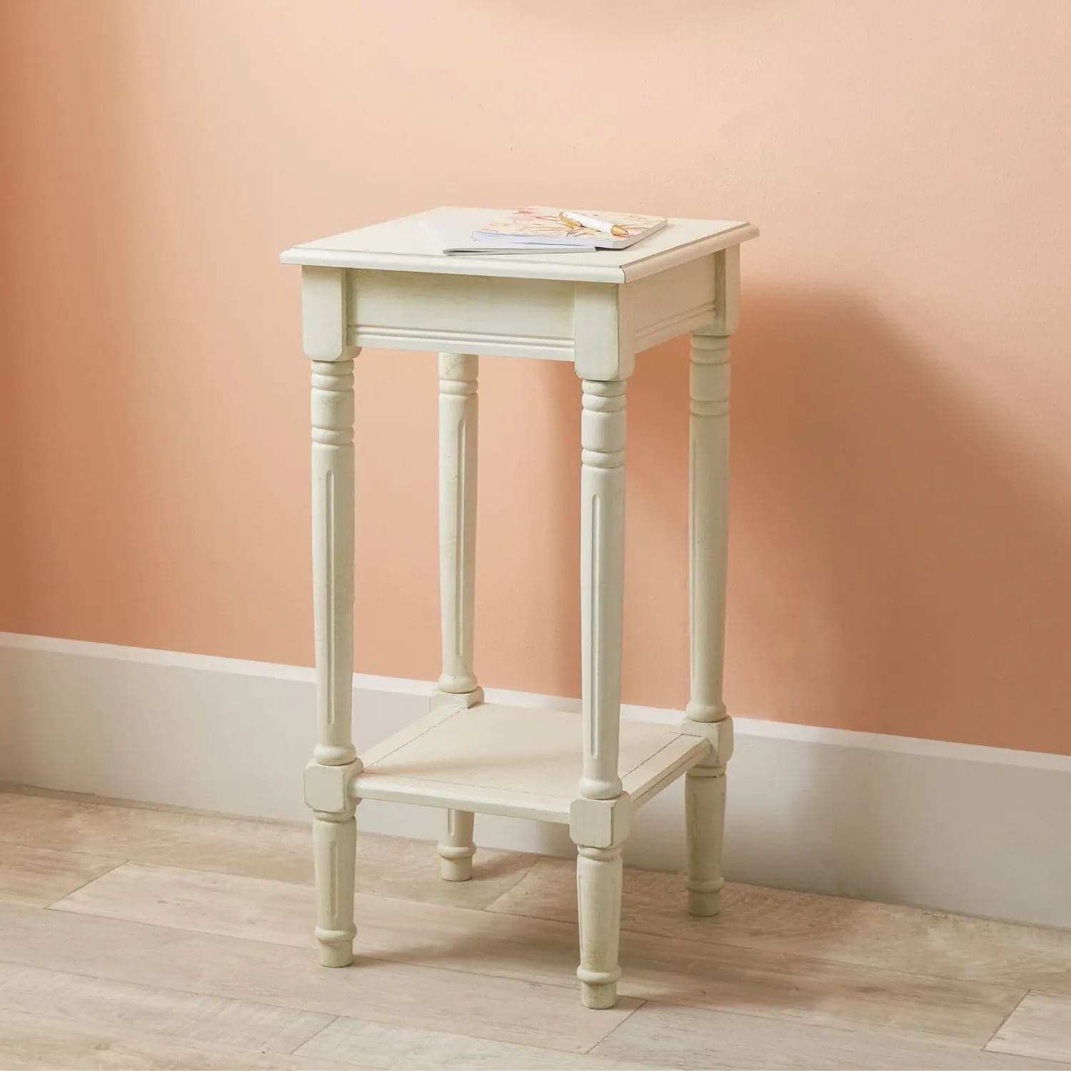 Narrow White Wooden Side Table with Shelf – Slim Pine Bedside or Accent Table with Turned Legs & Lower Storage 72x36x36cm